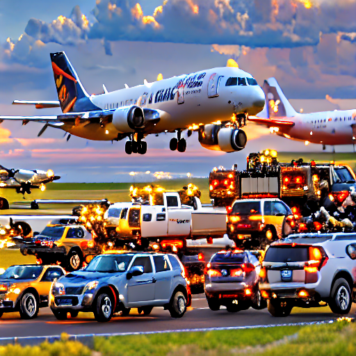069_Several vehicles with pieces of luggage on them with planes off to the side..png